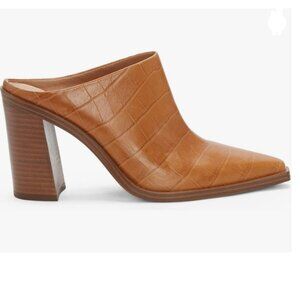 FOWT Brown Crocodile Embossed Mules Chunky  Heel Slippers Pointed Toe Sandals